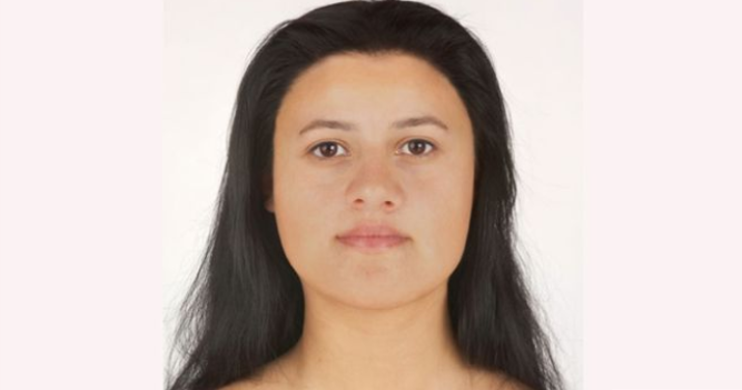 Photo of the 3D facial reconstruction of a prehistoric woman with olive skin and dark hair.