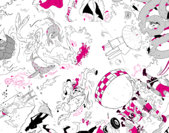 An intricate pink, black and grey illustration