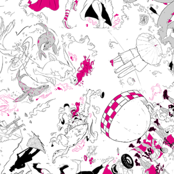 An intricate pink, black and grey illustration
