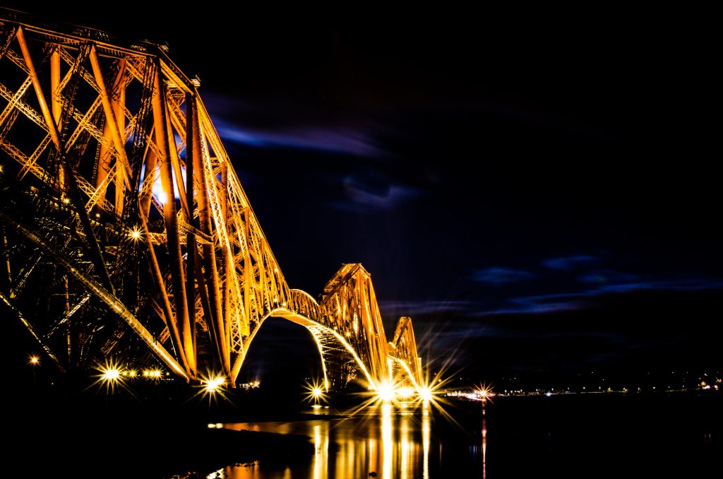 Historic Forth Railway Bridge at Night