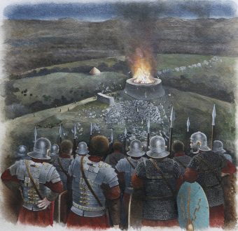 An illustration showing a broch on fire with soldiers in the foreground