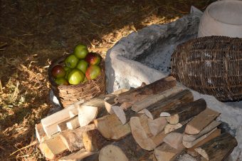 Photo of chopped wood, a basket of apples and a fire pit inside the crannog.