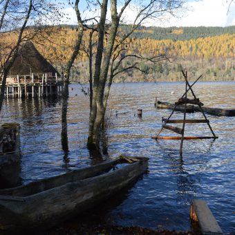 Photo of the banks of a loch with large log boats moored on the shore.