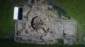 Aerial view of excavations at The Cairns in South Ronaldsay.