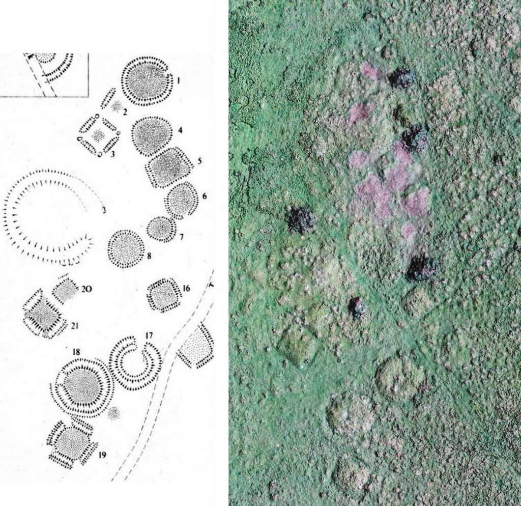 Aerial photo of a Pictish cemetery with a scale drawing of the site next to it.