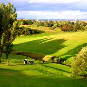 Photo of a green golf course in the evening sun.
