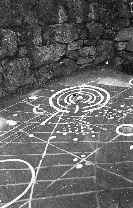 George Applebey collection / HES. Canmore image number SC1531807 (http://canmore.org.uk/collection/1531807)  This photo, taken in 1937, shows Cochno Stone cup-and-ring marks painted white by Ludovic Mann as well as a grid of his own devising that he also painted onto the surface of the stone, this being an attempt to find prehistoric standard measurements amidst the symbols.