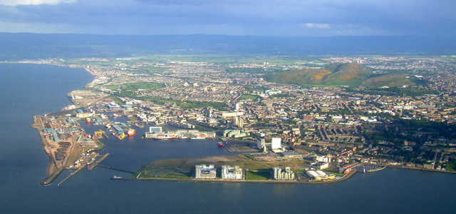 An aerial photograph of docks