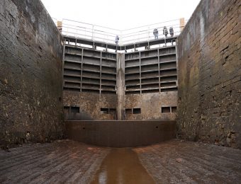 Bottom of a drained canal looking up