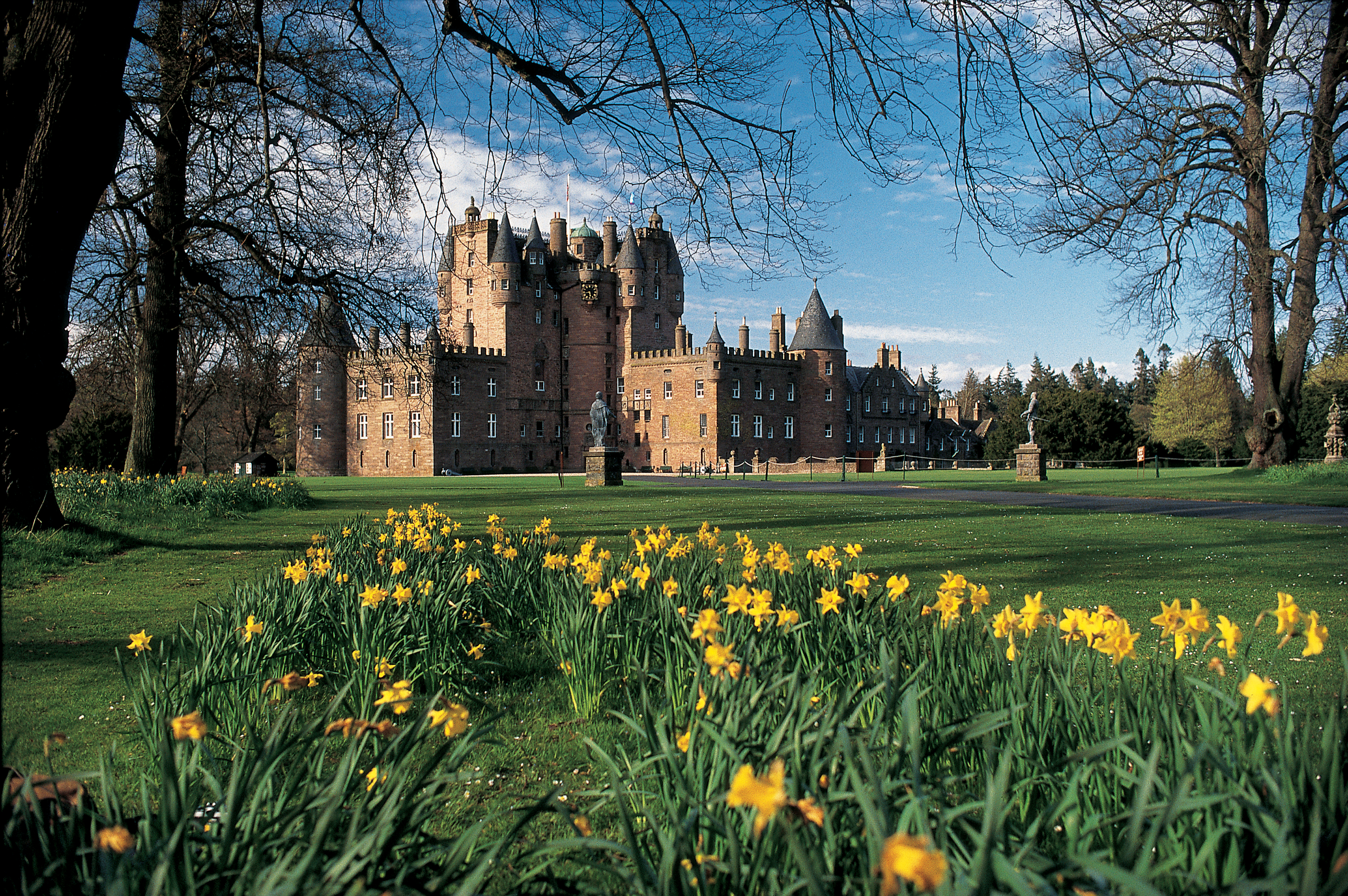 Photo of a large baronial castle with daffodils in the foreground.