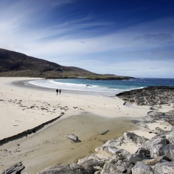 Photo of a couple walking along a white sandy beach with blue skies overhead.