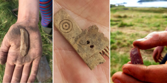 Hands holding a prehistoric tools and a Viking comb