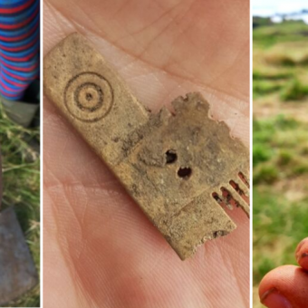 Hands holding a prehistoric tools and a Viking comb
