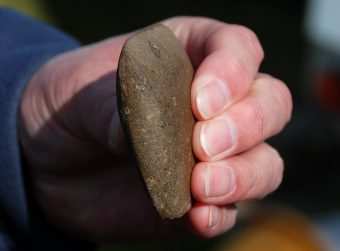 Photo of a hand holding a smooth flat brown stone.