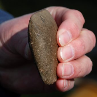 Photo of a hand holding a smooth flat brown stone.