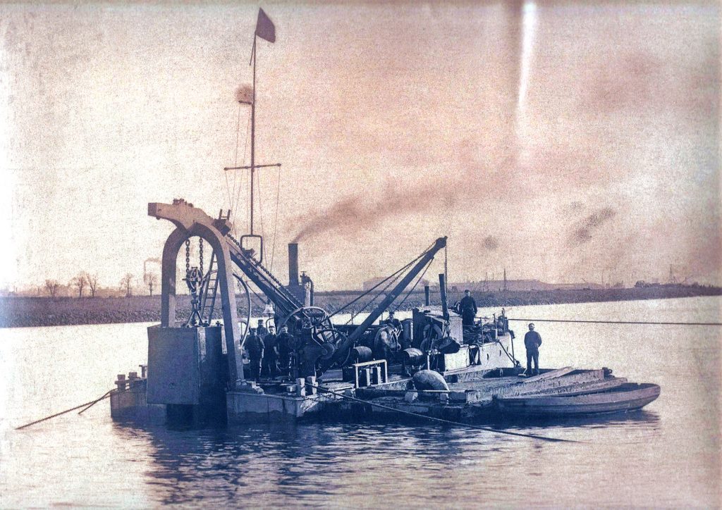 Old image of a small vessel with people on it