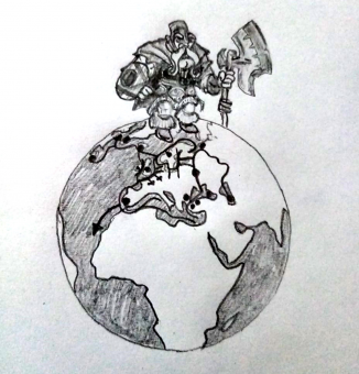 An illustration of a Viking standing on a globe