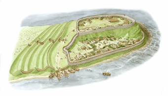Illustration of the prehistoric fort of Burghead, with wooden longhouses, farmland and a small harbour.