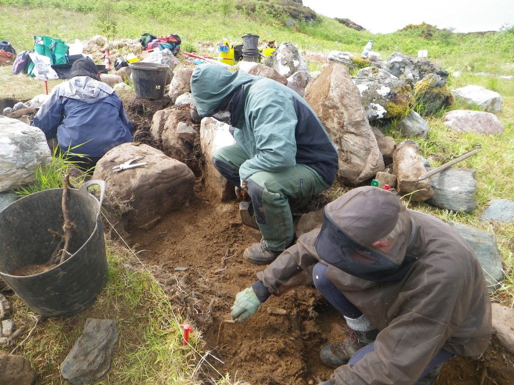 Photo of three people wearing waterproof clothing in an archaeological trench.