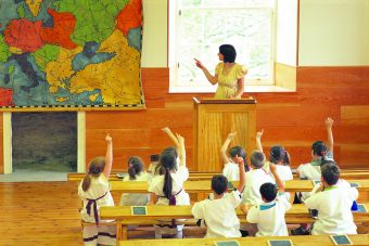 A painting of people in a classroom