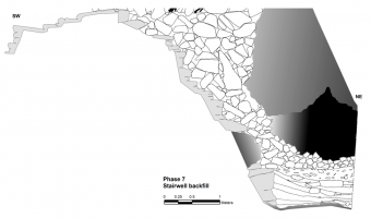 Diagram showing the cross section of the backfilled stairwell in the cave and the location of the burials within it.