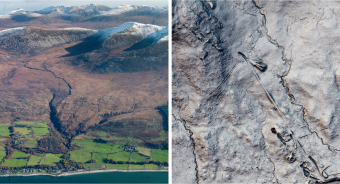Two images side by side; first an aerial photograph of huge mountains on the Isle of Arran, and the second Details of mine workings in the landscape revealed by a survey