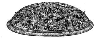 Illustration of an oval shaped brooch with tortoise shell design