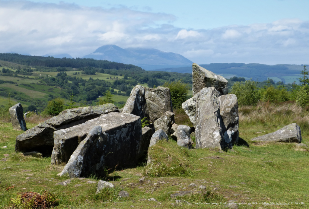 Photo of a group of jagged grey rocks in a field with mountains in the background