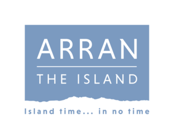 Light blue logo which reads "Arran - The Island: Island time,,, in no time"