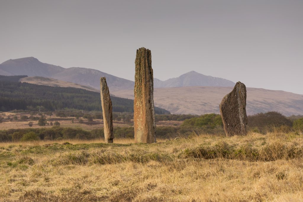Photo of three tall standing stones on a moor