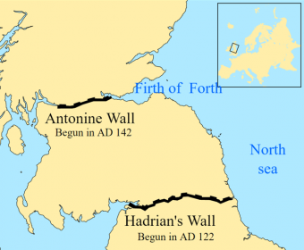 Map of the location of the Antonine Wall and Hadrian's wall in Britain