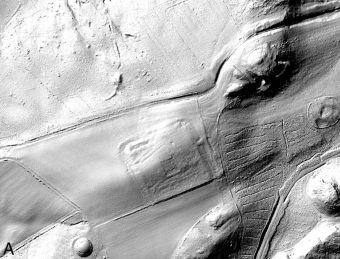 Processed digital image showing the foundations of a square fort on the landscape