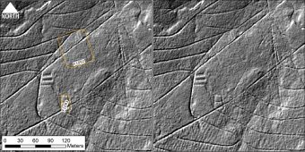 Digital image of two identical landscape scans side by side with features highlighted on one image