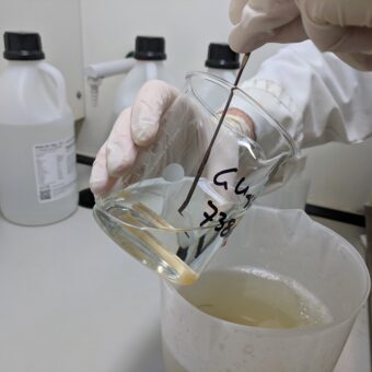 Photo of a gloved pair of hands rinsing samples of human bones in a glass beaker.