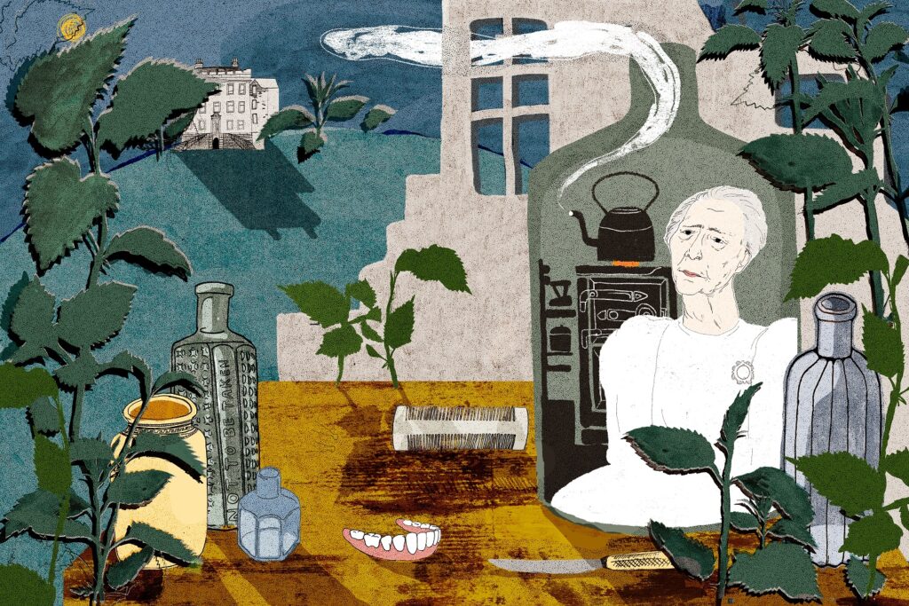 An illustrated scene featuring an elderly woman and various objects 