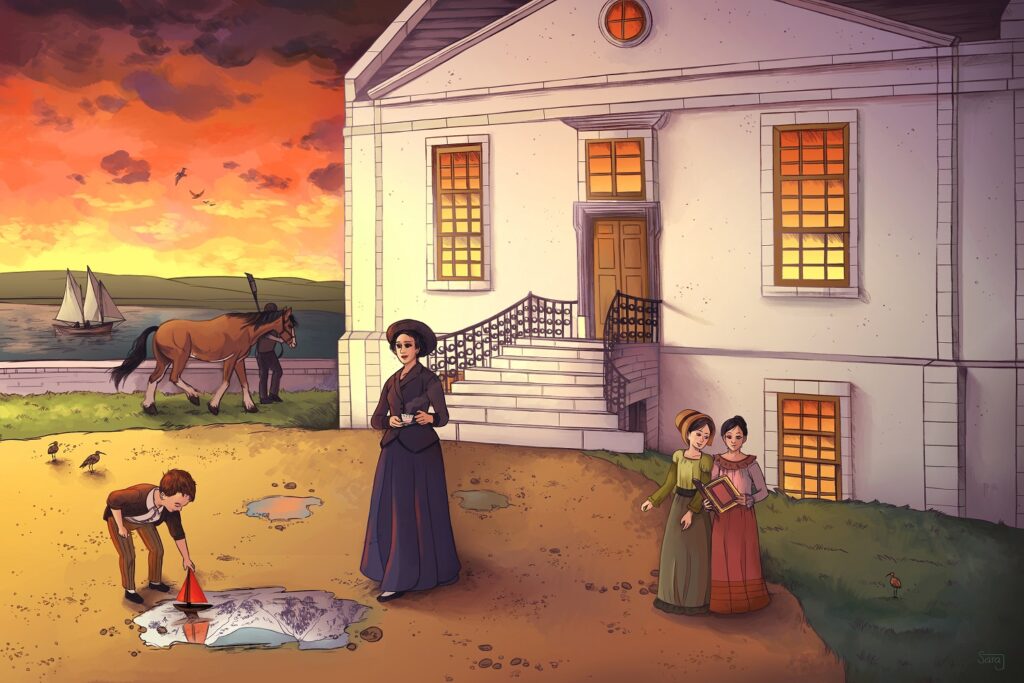 An illustrated scene featuring a young boy and his family