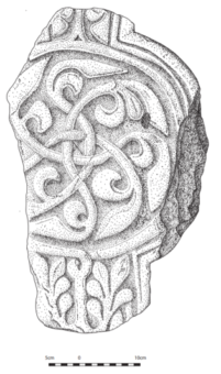 Black and white sketch of part of a carved stone cross head with swirling lines