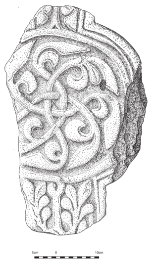 Black and white sketch of part of a carved stone cross head with swirling lines