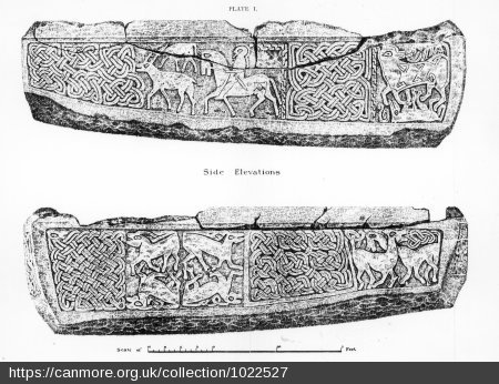 Plate of drawing capturing the two side views of a carved stone sarcophagus, depicting a horses and deer