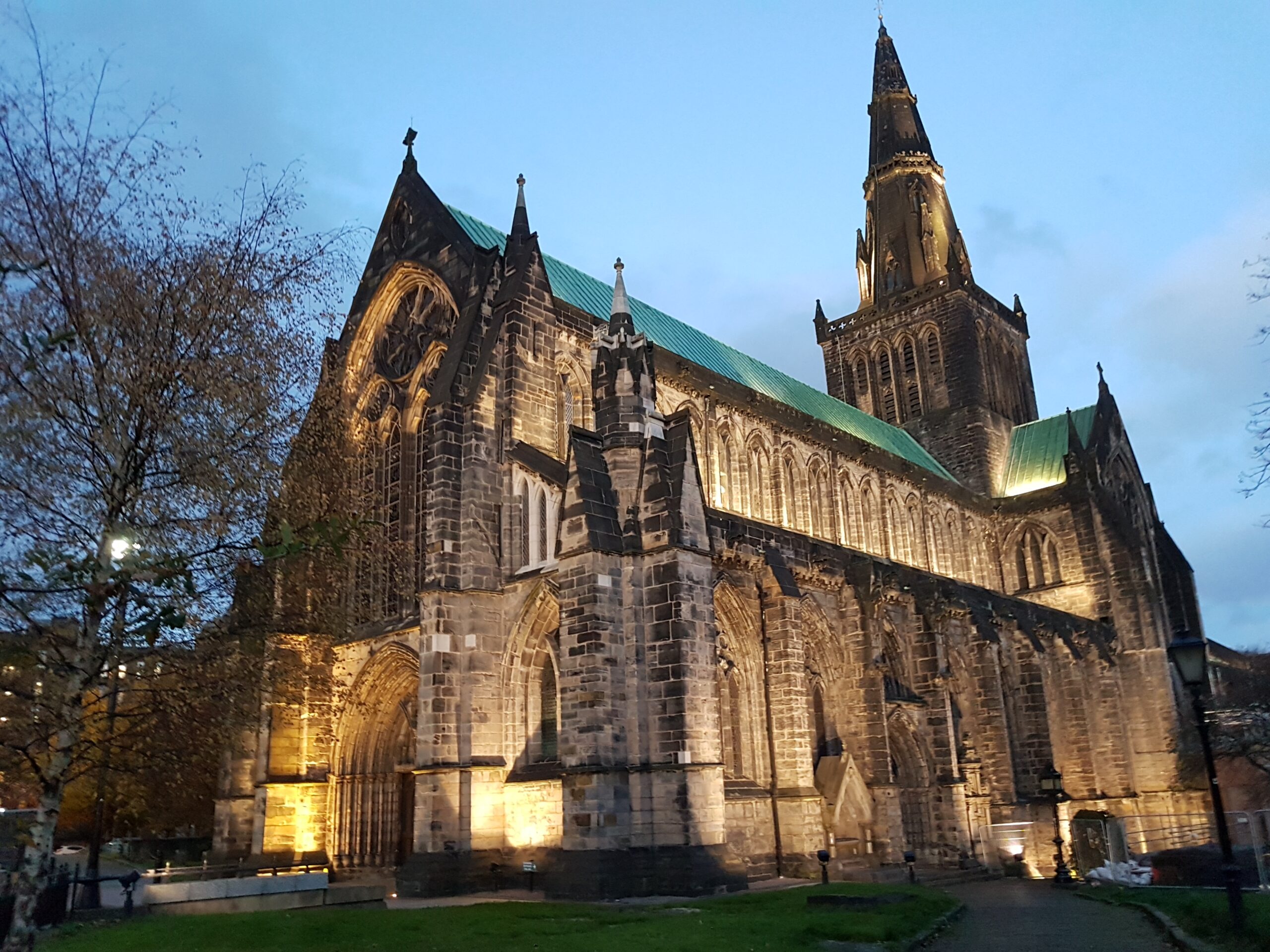 Photo of a cathedral with a green lead roof uplit in the night
