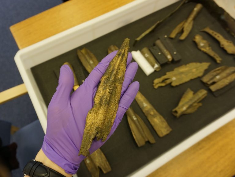Photo of a hand in a purple plastic glove holding a damaged piece of bronze spearhead