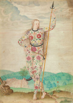 Painting of a woman in a flowery jumpsuit holding a spear