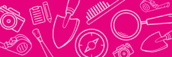 Pink banner with archaeological tools in cartoon form