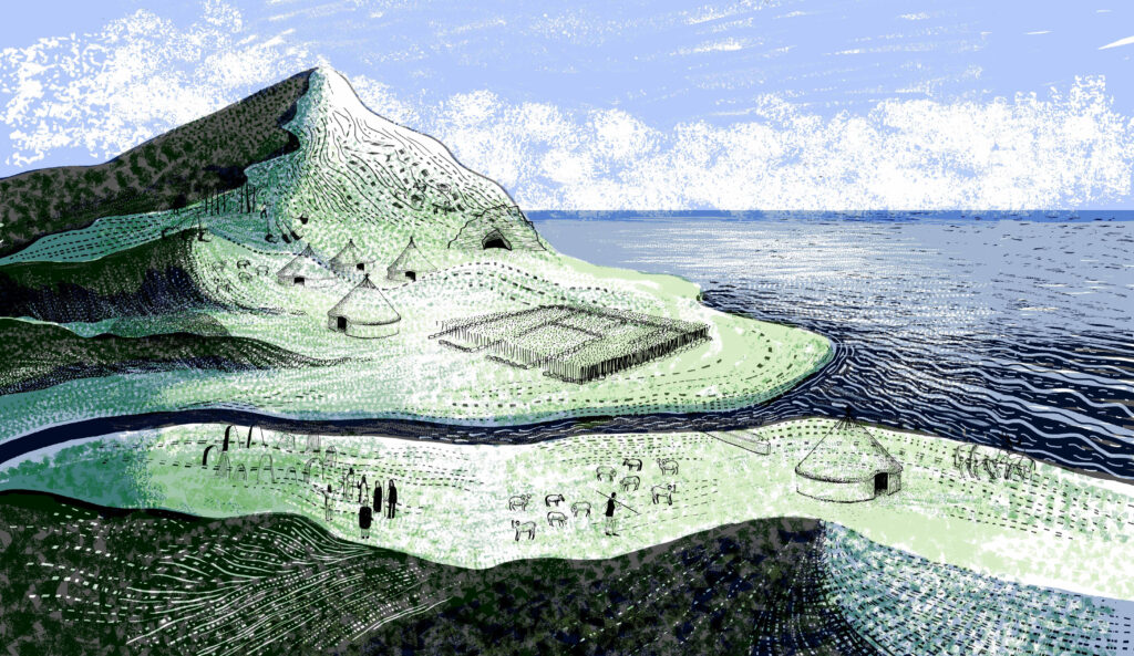 Illustrated landscape - grass, mountain and water and historical figures and structures