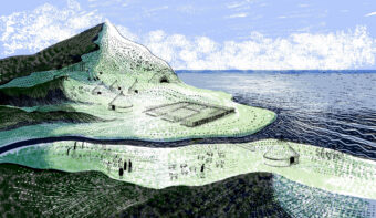 Illustrated landscape - grass, mountain and water and historical figures and structures