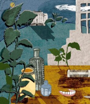 An illustrated scene featuring a large house in the background and various objects on a table in the foreground