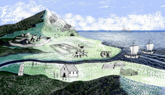 Illustrated landscape - grass, mountain and water and historical figures and structures
