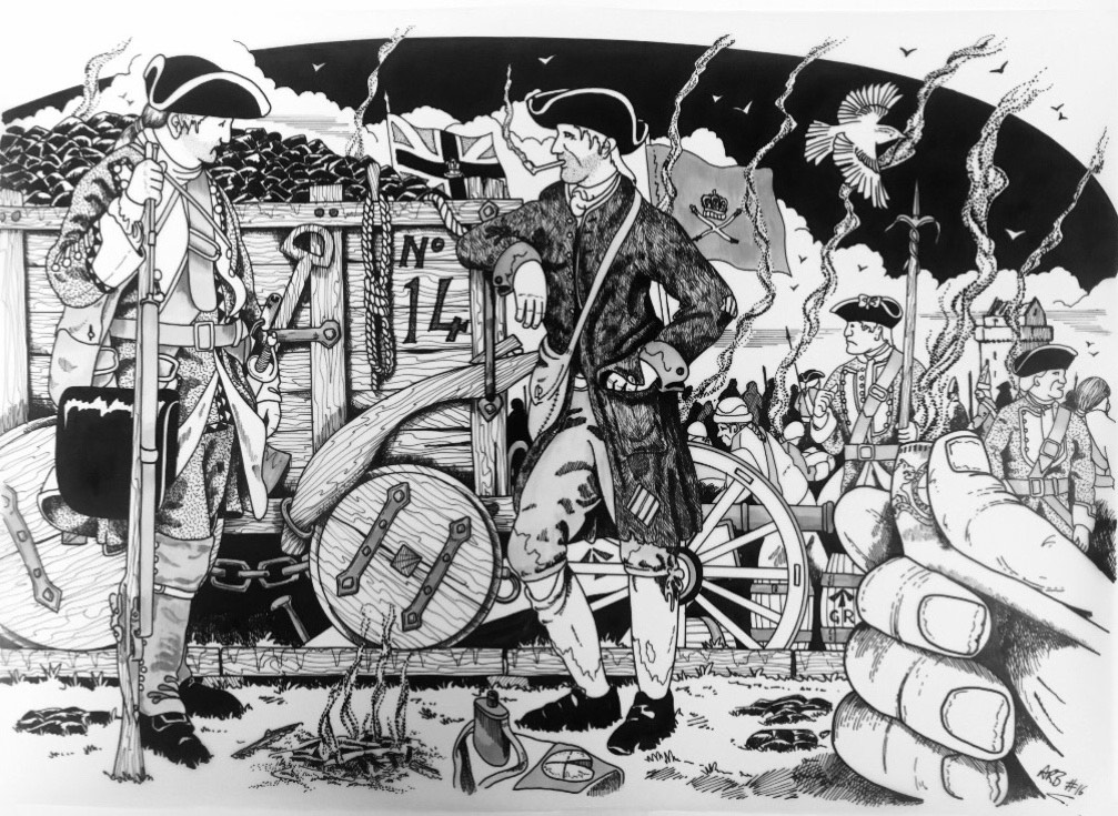 : Illustration of the day before the Battle of Prestonpans which was fought across the Waggonway line as part of the 1745 Jacobite Rising, with a brakesmen chatting to redcoat soldiers