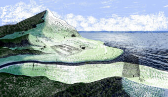 Illustrated landscape - grass, mountain and water and historical figures and structures