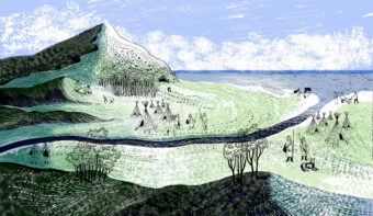 Illustrated landscape - grass, mountain and water and historical figures and structures